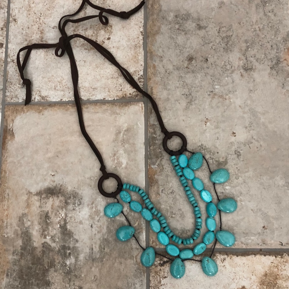 Adjustable Leather Tie Faux Turquoise Necklace